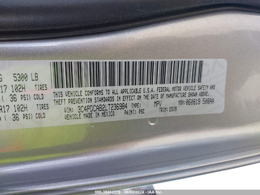 2020 Dodge Journey Se Value VIN: 3C4PDCAB2LT236984 Lot: 39562779