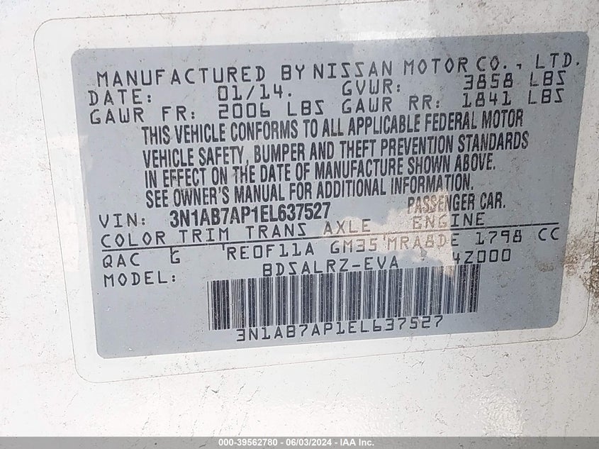 2014 Nissan Sentra Sr VIN: 3N1AB7AP1EL637527 Lot: 39562780