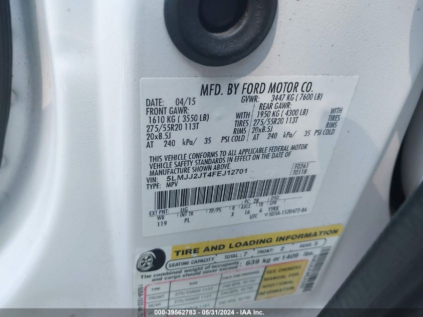 2015 Lincoln Navigator VIN: 5LMJJ2JT4FEJ12701 Lot: 39562783