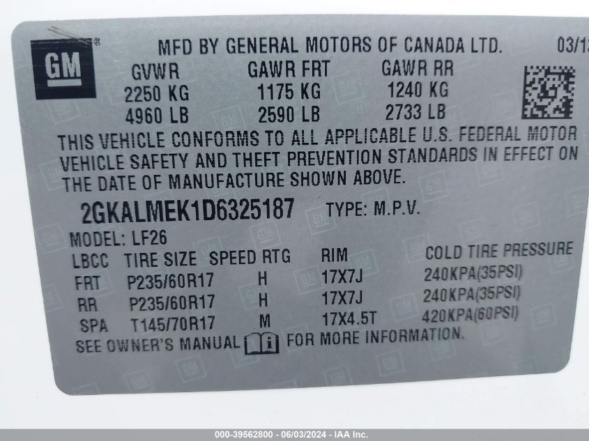 2013 GMC Terrain Sle-1 VIN: 2GKALMEK1D6325187 Lot: 39562800