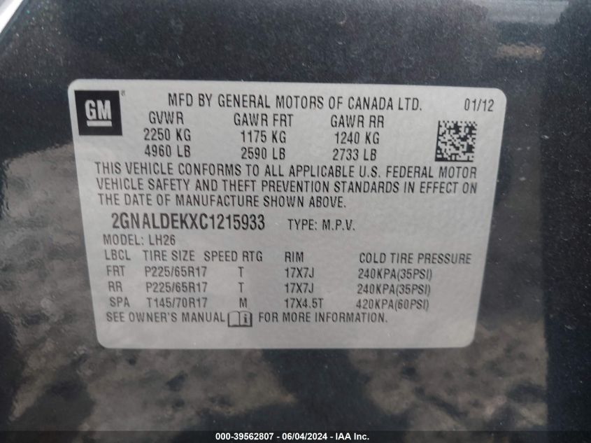 2012 Chevrolet Equinox 1Lt VIN: 2GNALDEKXC1215933 Lot: 39562807