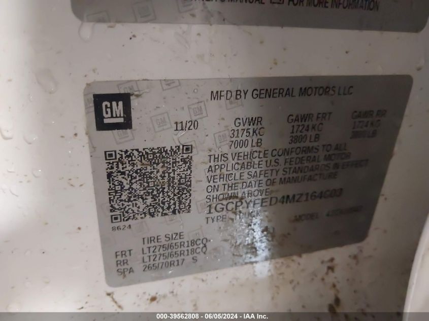 2021 Chevrolet Silverado 1500 4Wd Short Bed Lt Trail Boss VIN: 1GCPYFED4MZ164603 Lot: 39562808