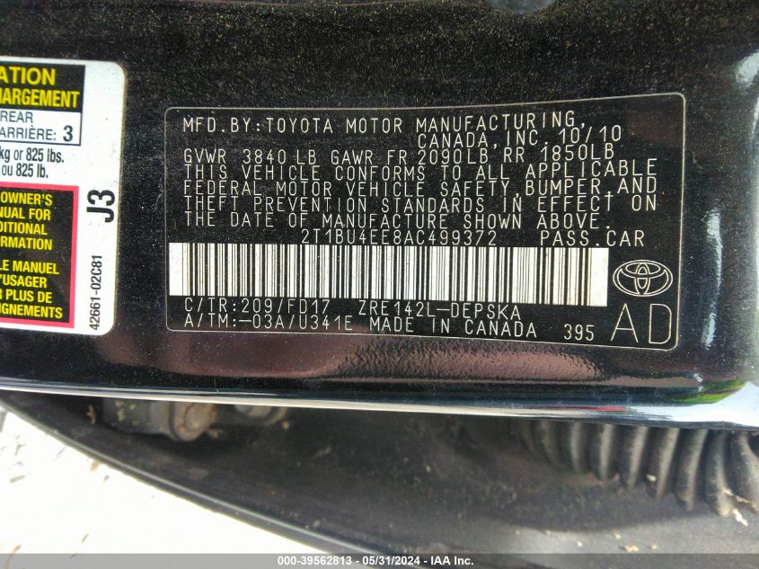 2010 Toyota Corolla S VIN: 2T1BU4EE8AC499372 Lot: 39562813