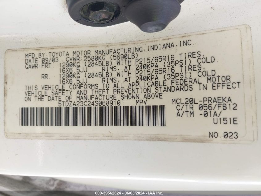 2004 Toyota Sienna Le VIN: 5TDZA23C24S068910 Lot: 39562824