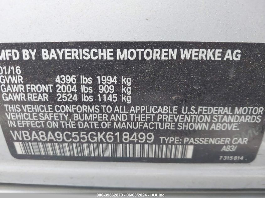 2016 BMW 320I VIN: WBA8A9C55GK618499 Lot: 39562870