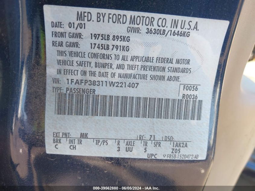 2001 Ford Focus Zts VIN: 1FAFP38311W221407 Lot: 39562880