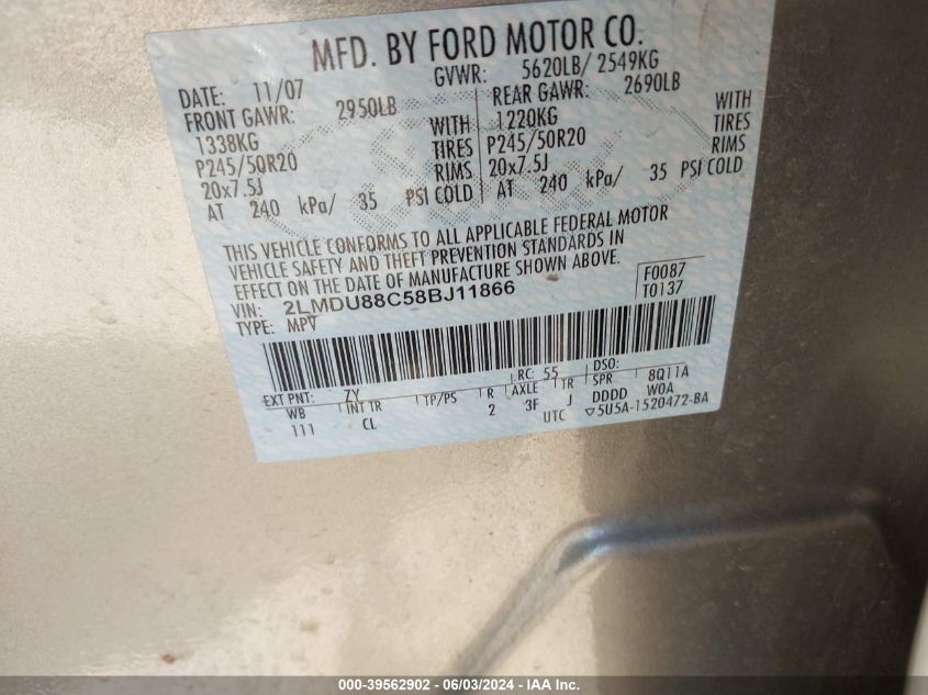 2008 Lincoln Mkx VIN: 2LMDU88C58BJ11866 Lot: 39562902