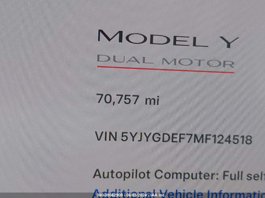 2021 Tesla Model Y Performance Dual Motor All-Wheel Drive VIN: 5YJYGDEF7MF124518 Lot: 39562908