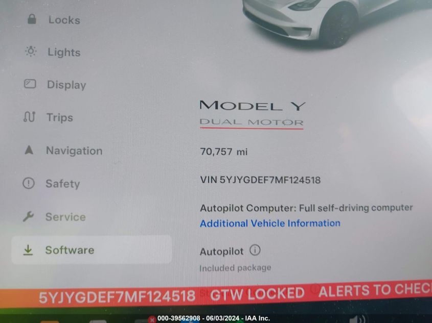 2021 Tesla Model Y Performance Dual Motor All-Wheel Drive VIN: 5YJYGDEF7MF124518 Lot: 39562908