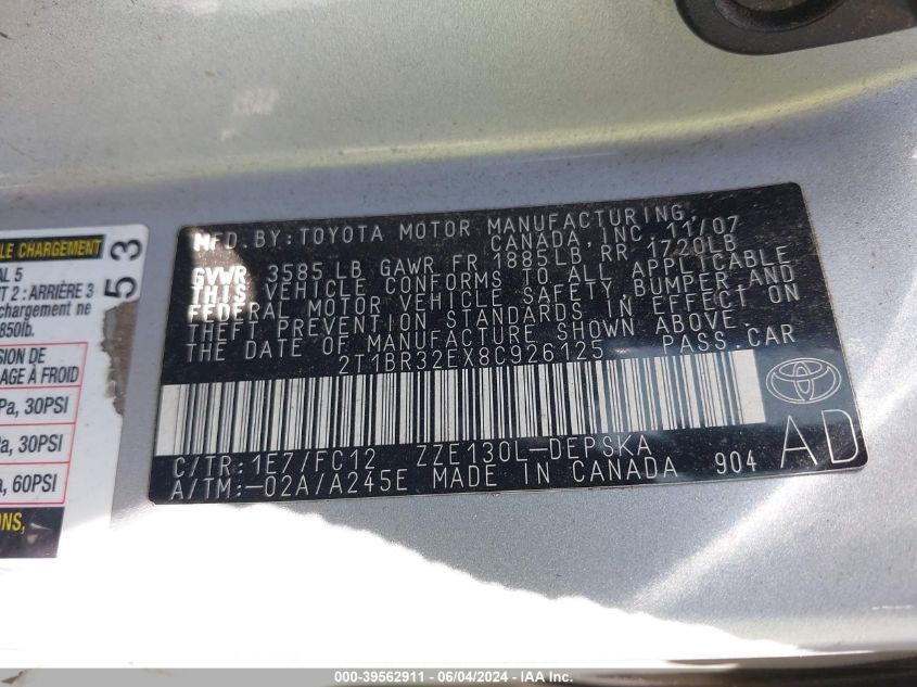 2008 Toyota Corolla S VIN: 2T1BR32EX8C926125 Lot: 39562911