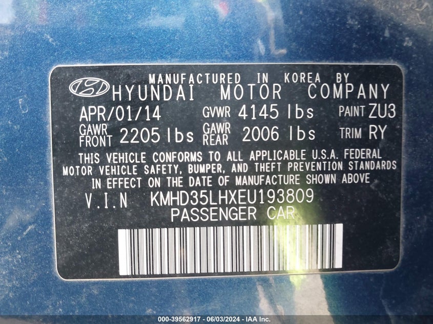 2014 Hyundai Elantra Gt VIN: KMHD35LHXEU193809 Lot: 39562917