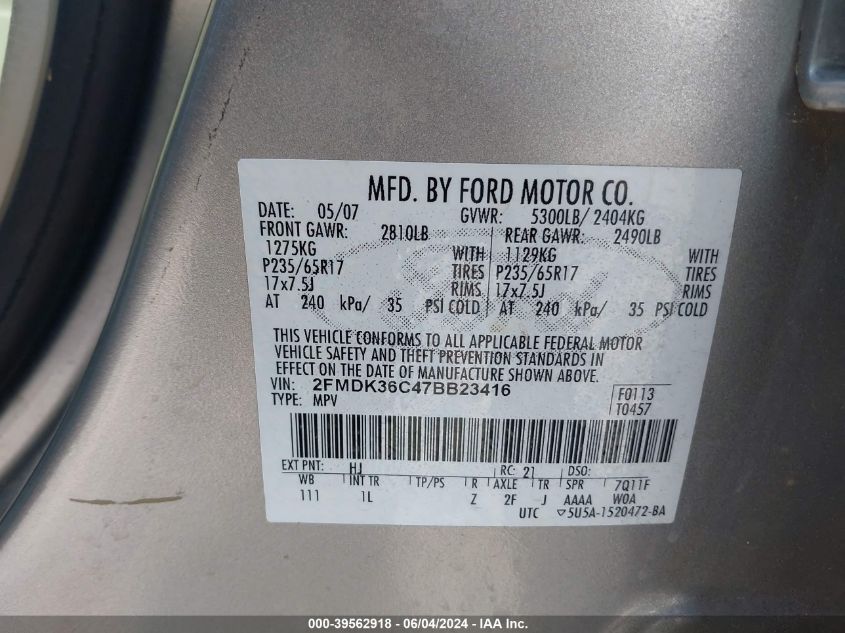 2007 Ford Edge Se VIN: 2FMDK36C47BB23416 Lot: 39562918