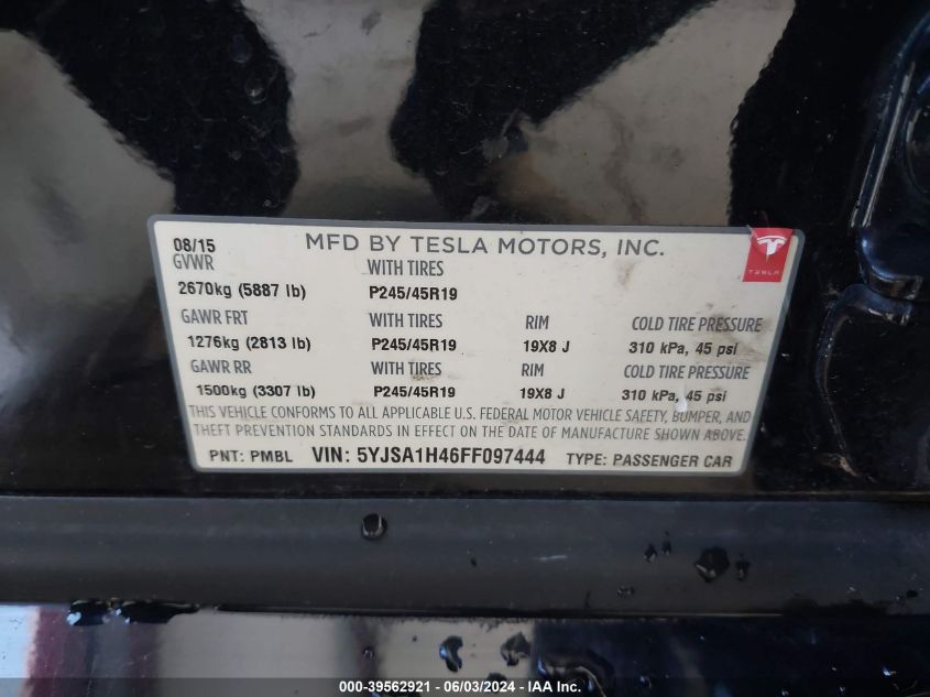 2015 Tesla Model S P85D VIN: 5YJSA1H46FF097444 Lot: 39562921