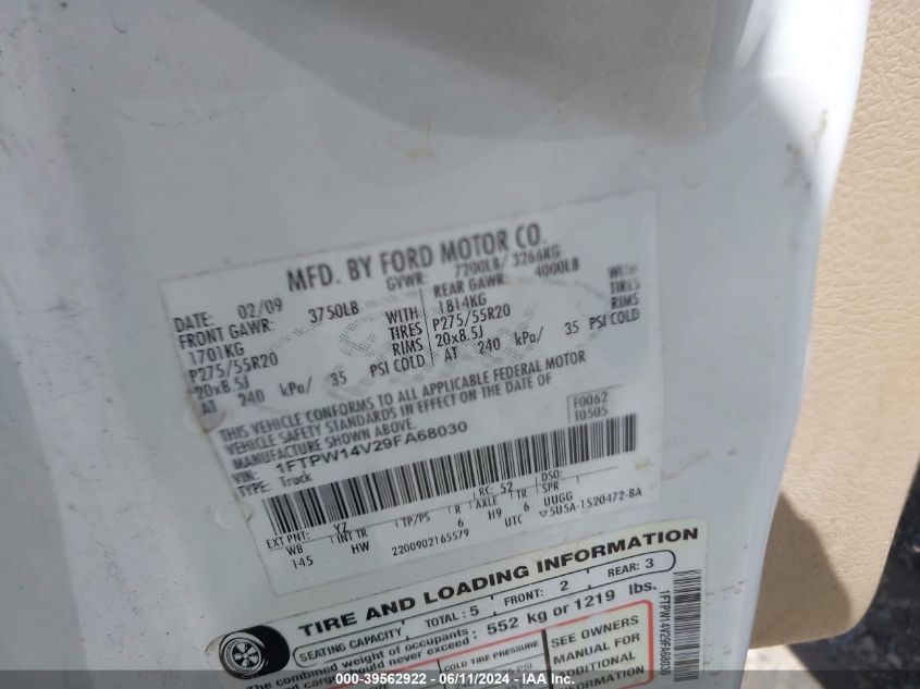 2009 Ford F-150 Lariat VIN: 1FTPW14V29FA68030 Lot: 39562922