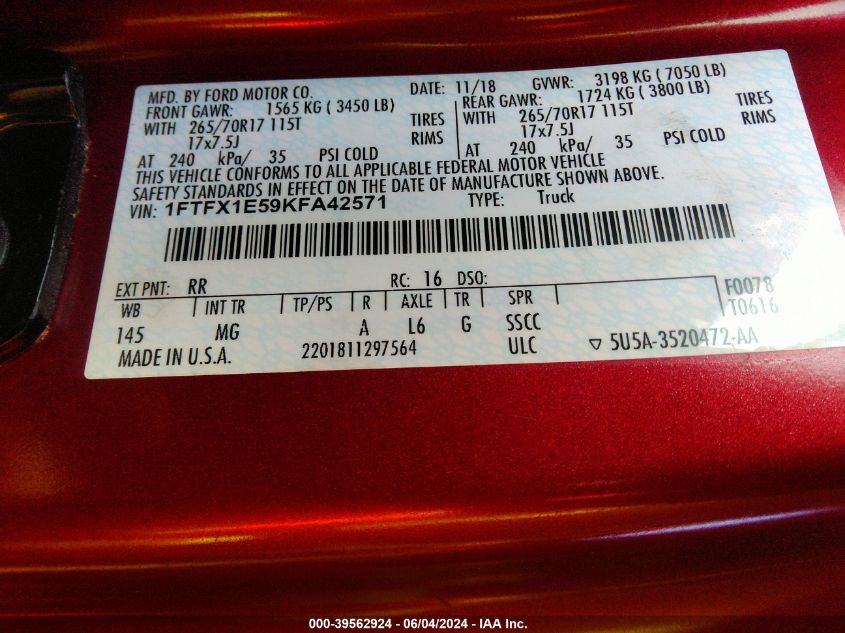 2019 Ford F-150 Xlt VIN: 1FTFX1E59KFA42571 Lot: 39562924