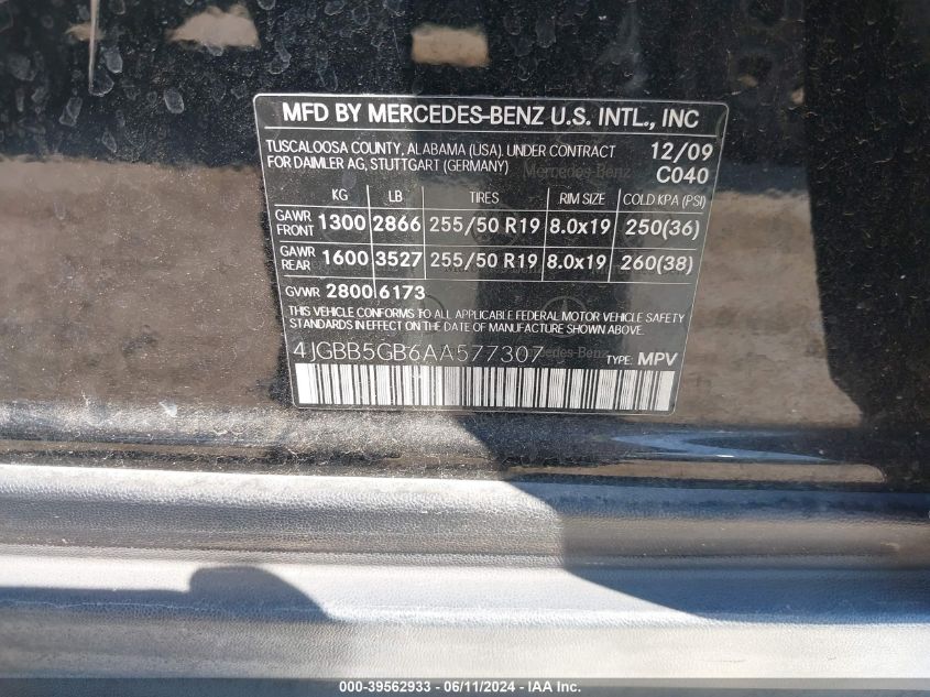 2010 Mercedes-Benz Ml 350 VIN: 4JGBB5GB6AA577307 Lot: 39562933