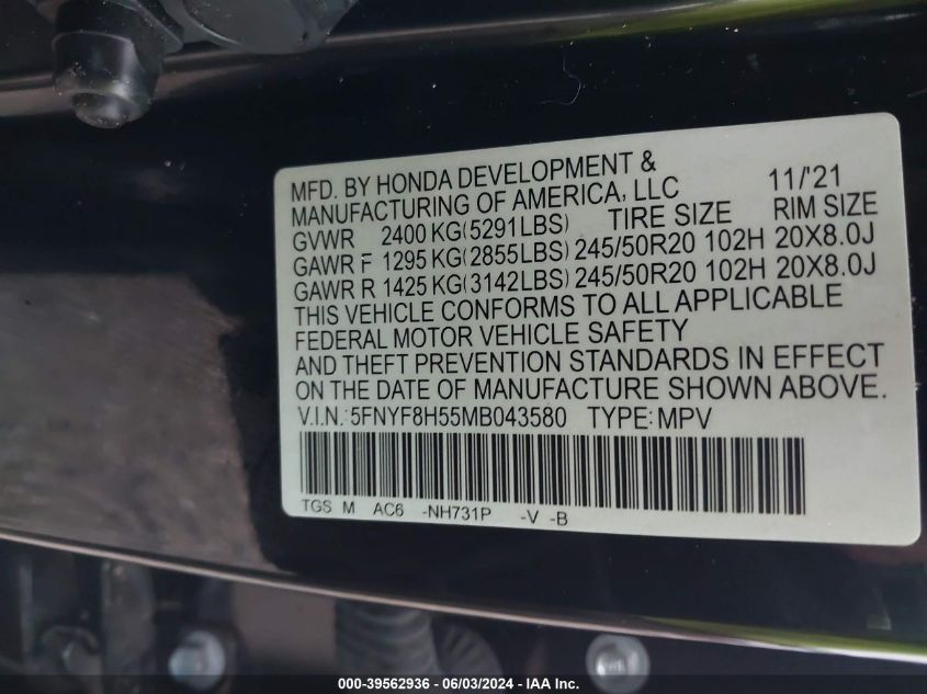2021 Honda Passport Awd Ex-L VIN: 5FNYF8H55MB043580 Lot: 39562936