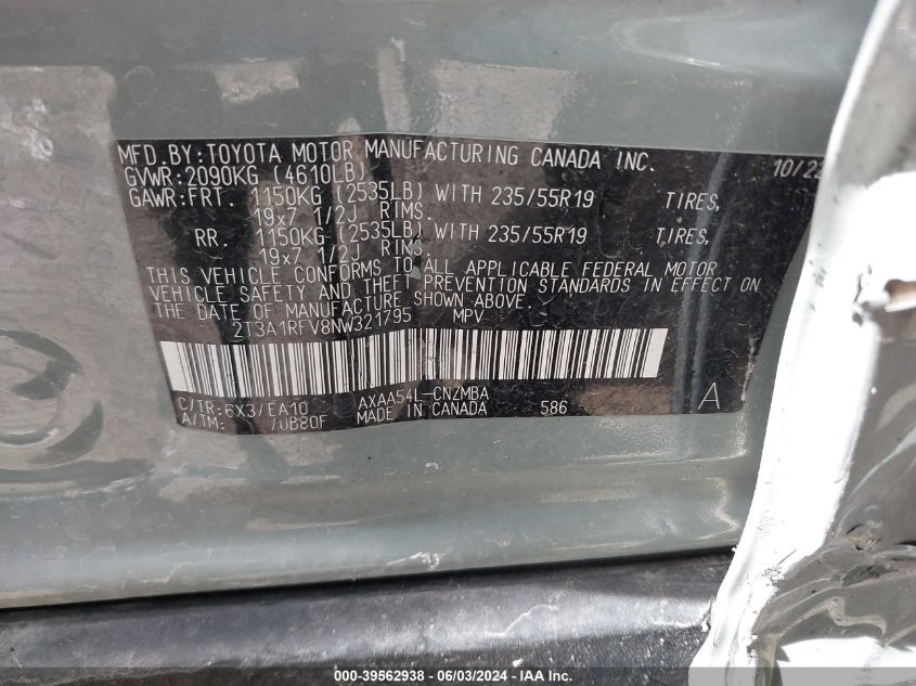 2022 Toyota Rav4 Xle Premium VIN: 2T3A1RFV8NW321795 Lot: 39562938