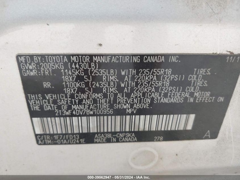 2011 Toyota Rav4 Sport VIN: 2T3WF4DV7BW100956 Lot: 39562947