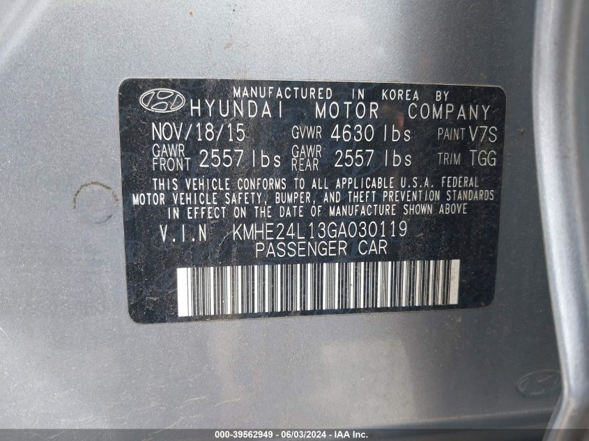 2016 Hyundai Sonata Hybrid/Se VIN: KMHE24L13GA030119 Lot: 39562949