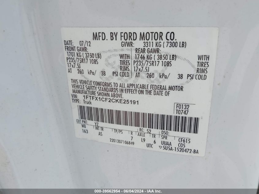 2012 Ford F-150 Xl VIN: 1FTFX1CF2CKE25191 Lot: 39562954