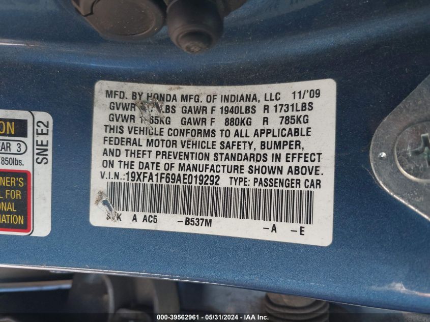 2010 Honda Civic Sdn Lx-S VIN: 19XFA1F69AE019292 Lot: 39562961
