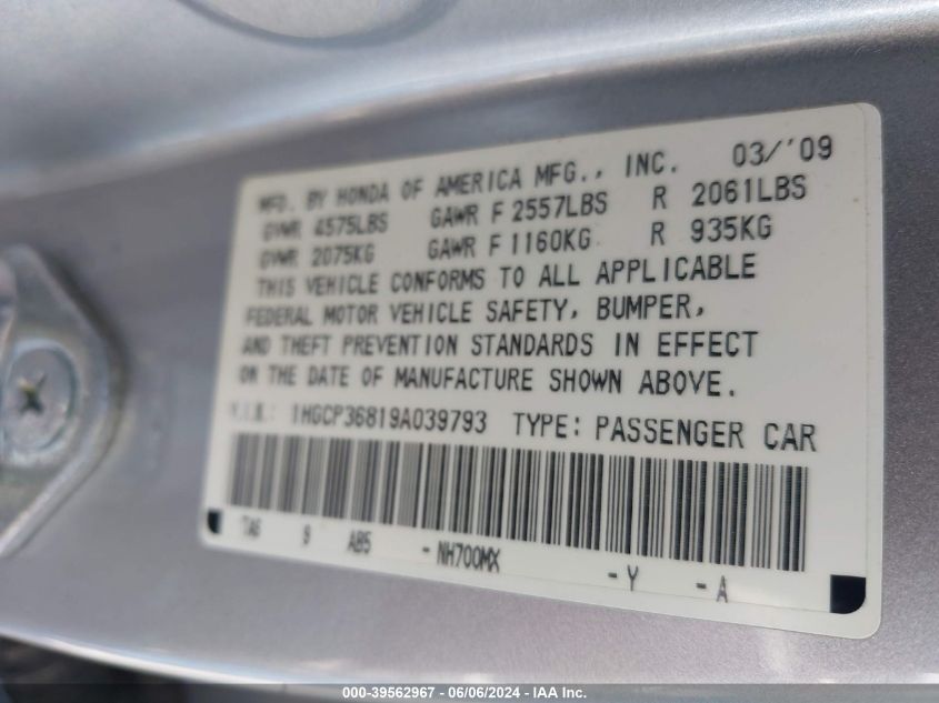 2009 Honda Accord 3.5 Ex-L VIN: 1HGCP36819A039793 Lot: 39562967
