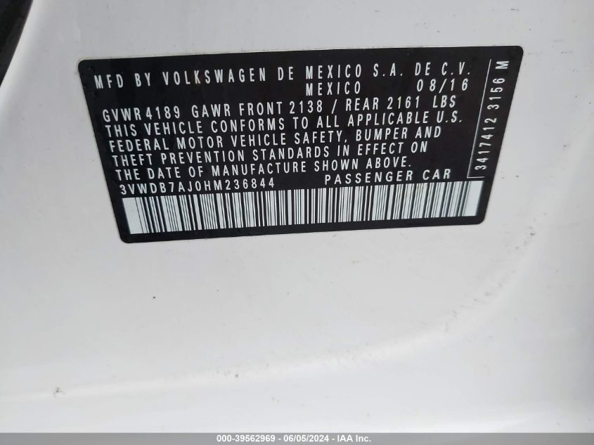 2017 Volkswagen Jetta 1.4T Se VIN: 3VWDB7AJ0HM236844 Lot: 39562969