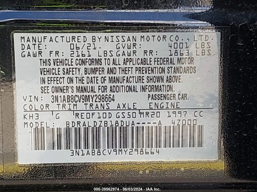 2021 NISSAN SENTRA SV - 3N1AB8CV9MY298664