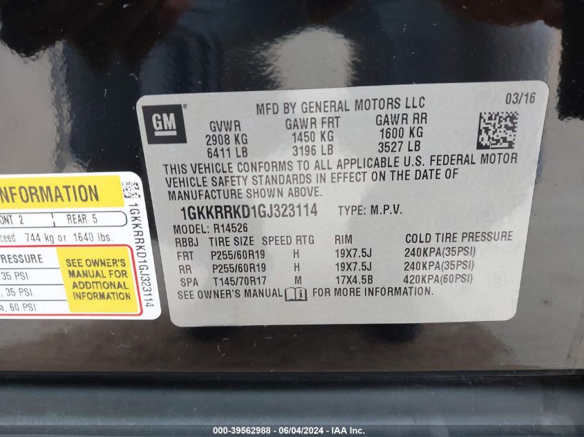 2016 GMC Acadia Slt-1 VIN: 1GKKRRKD1GJ323114 Lot: 39562988