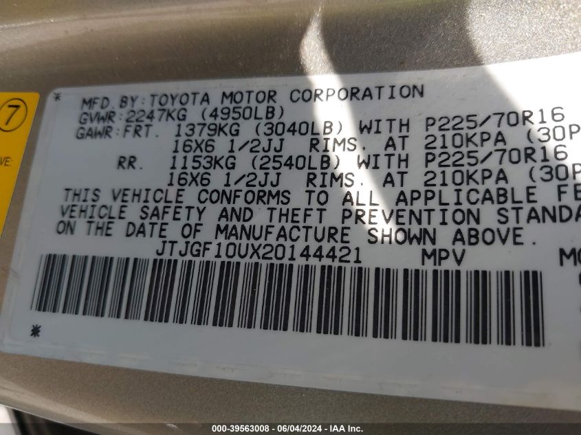 2002 Lexus Rx 300 VIN: JTJGF10UX20144421 Lot: 39563008