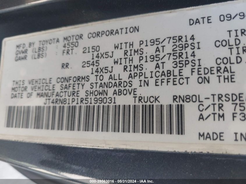 1994 Toyota Pickup 1/2 Ton Short Whlbse Dx VIN: JT4RN81P1R5199031 Lot: 39563016