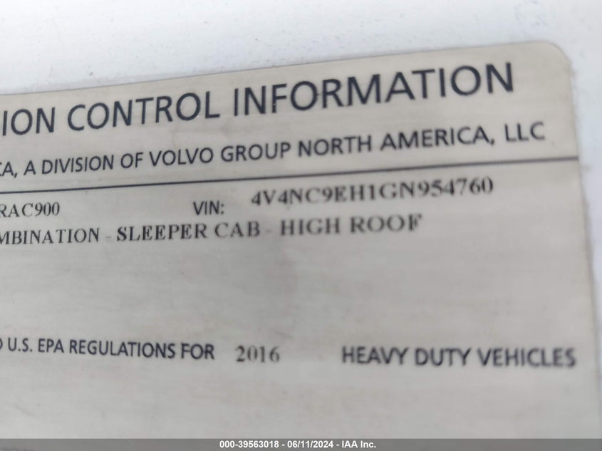 2016 Volvo Vn Vnl VIN: 4V4NC9EH1GN954760 Lot: 39563018
