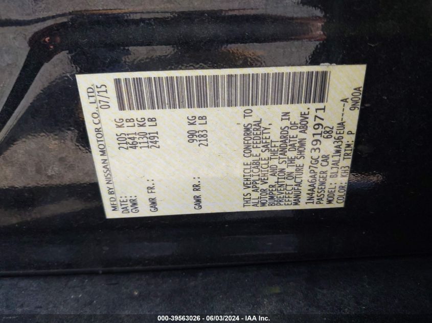 2016 Nissan Maxima 3.5 Sr VIN: 1N4AA6AP7GC391971 Lot: 39563026