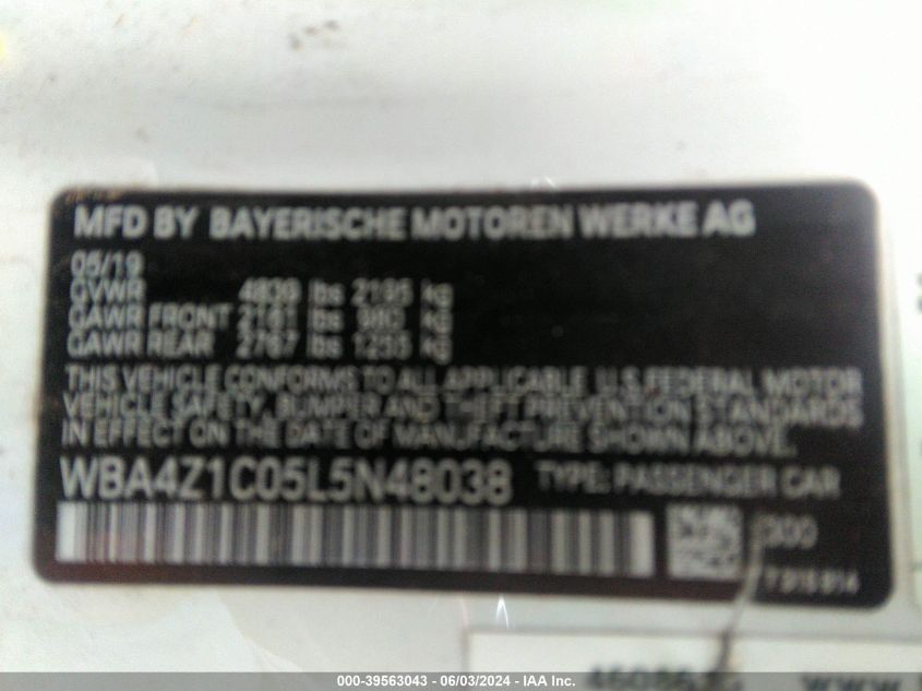 2020 BMW 430I VIN: WBA4Z1C05L5N48038 Lot: 39563043