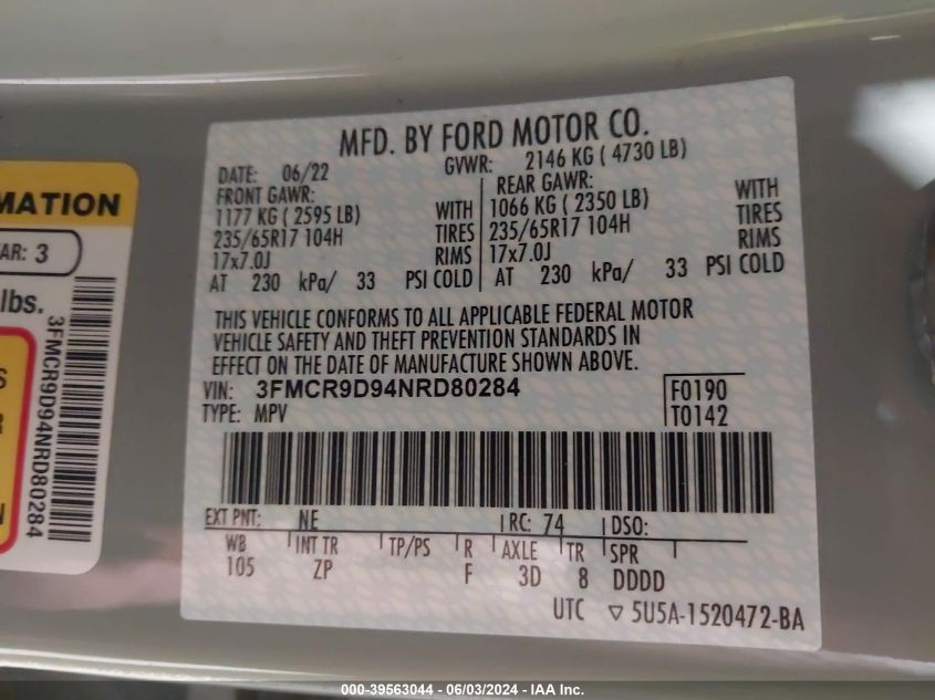 2022 Ford Bronco Sport Badlands VIN: 3FMCR9D94NRD80284 Lot: 39563044