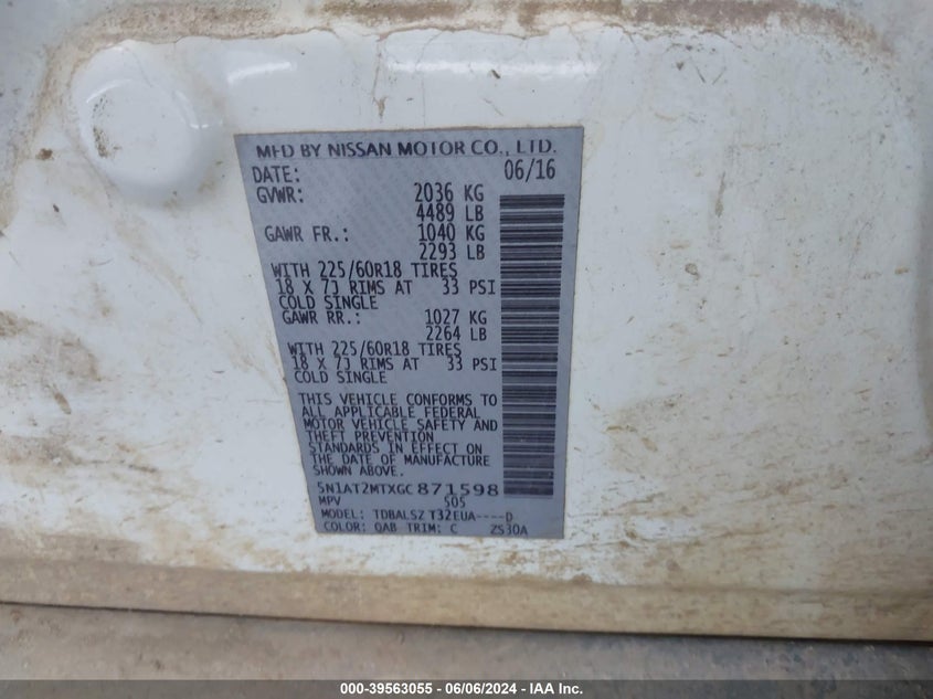 2016 Nissan Rogue Sl VIN: 5N1AT2MTXGC871598 Lot: 39563055