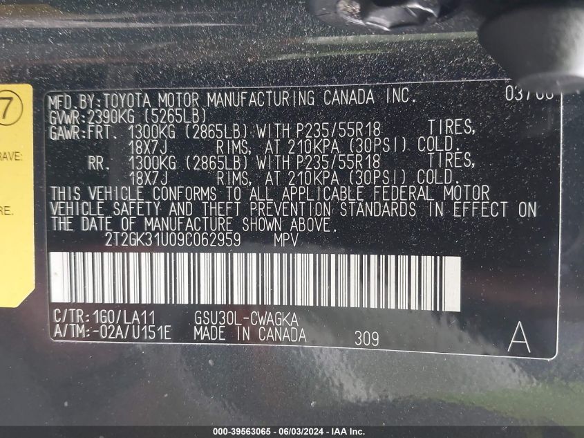 2009 Lexus Rx 350 VIN: 2T2GK31U09C062959 Lot: 39563065