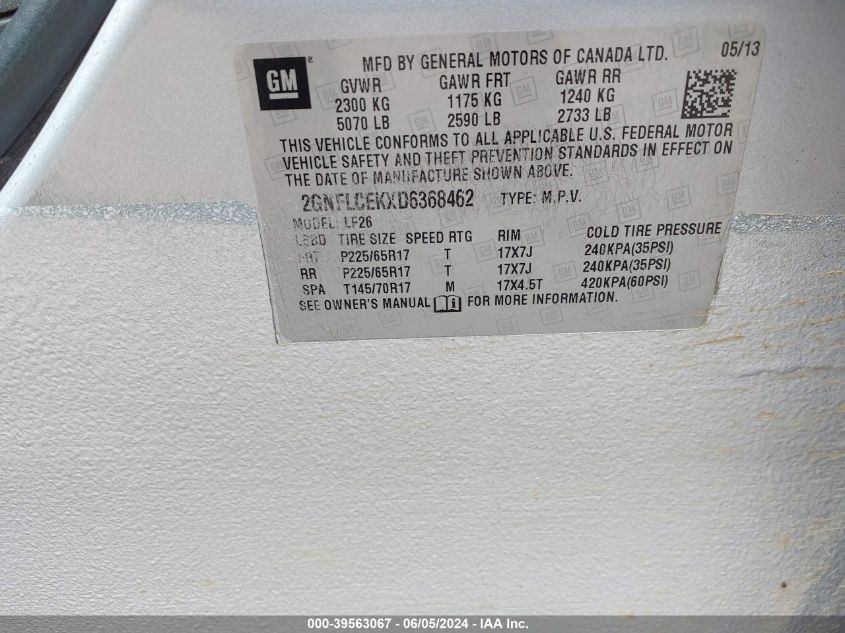 2013 Chevrolet Equinox Ls VIN: 2GNFLCEKXD6368462 Lot: 39563067