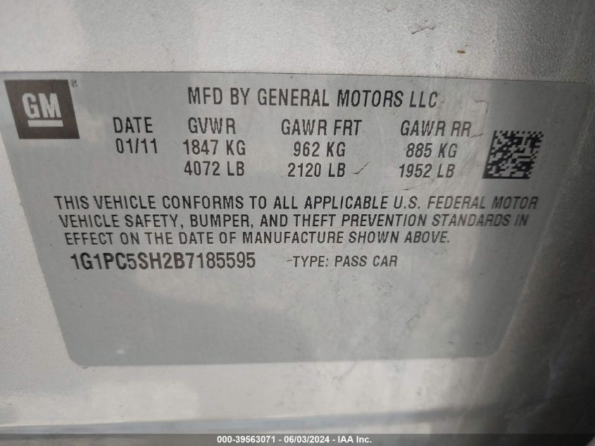 2011 Chevrolet Cruze Ls VIN: 1G1PC5SH2B7185595 Lot: 39563071