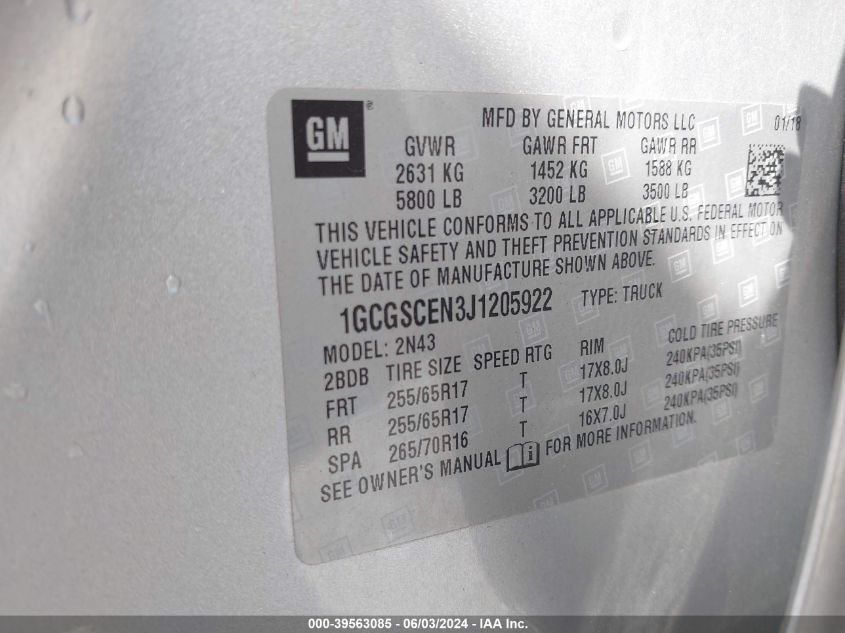 2018 Chevrolet Colorado Lt VIN: 1GCGSCEN3J1205922 Lot: 39563085
