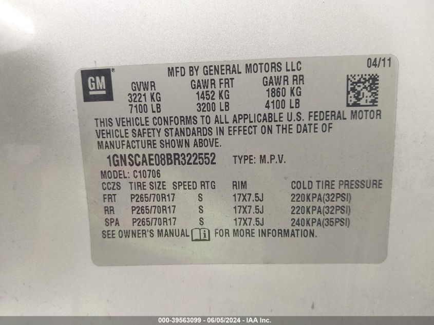 2011 Chevrolet Tahoe Ls VIN: 1GNSCAE08BR322552 Lot: 39563099