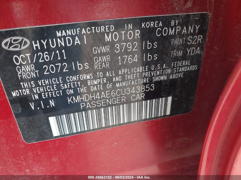 2012 Hyundai Elantra Limited (Ulsan Plant) VIN: KMHDH4AE6CU343853 Lot: 39563102