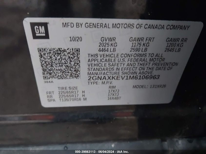 2021 Chevrolet Equinox Fwd Lt VIN: 2GNAXKEV1M6106963 Lot: 39563113