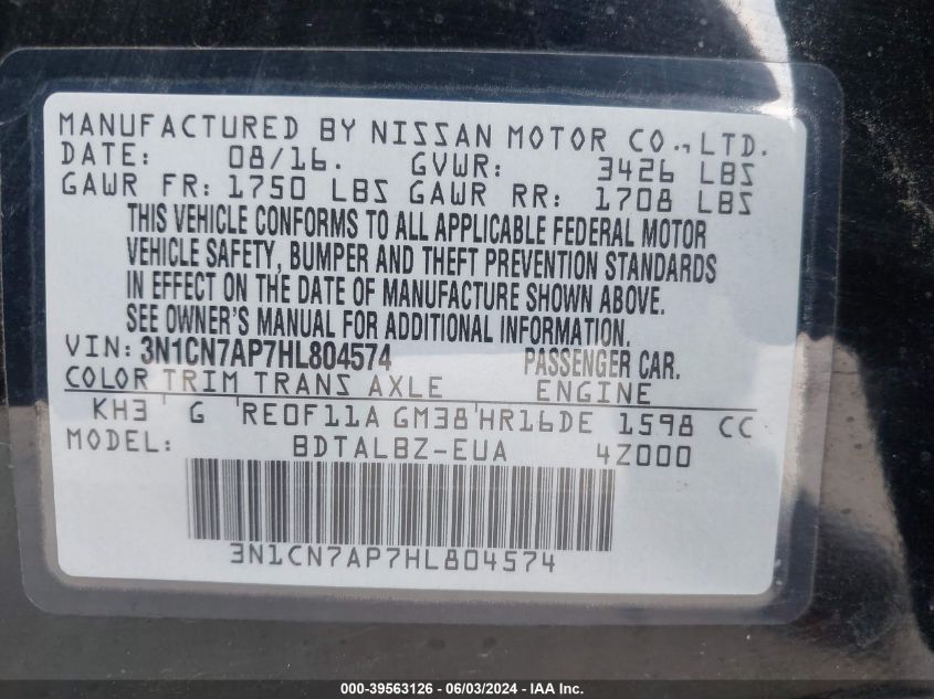 3N1CN7AP7HL804574 2017 Nissan Versa 1.6 Sv