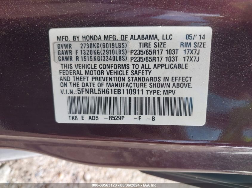 2014 Honda Odyssey Ex-L VIN: 5FNRL5H61EB110911 Lot: 39563128