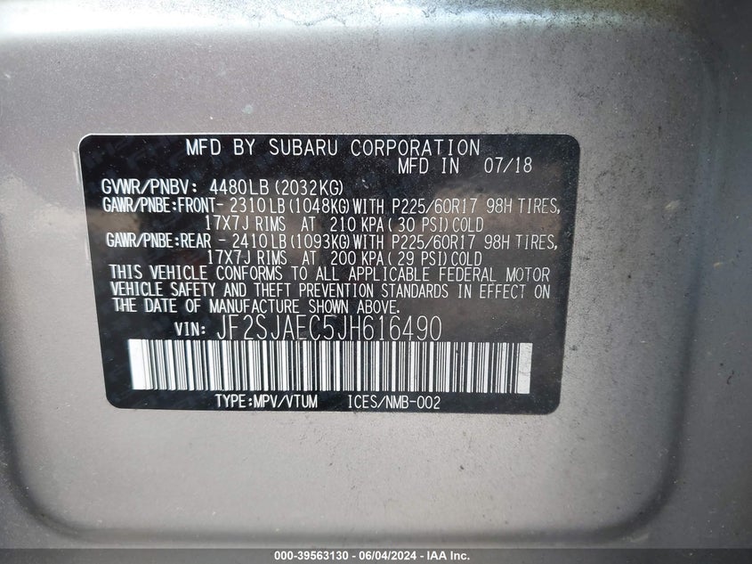 2018 Subaru Forester 2.5I Premium VIN: JF2SJAEC5JH616490 Lot: 39563130