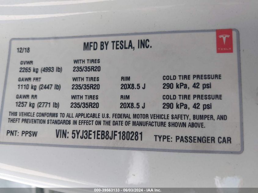 2018 TESLA MODEL 3 LONG RANGE/PERFORMANCE - 5YJ3E1EB8JF180281