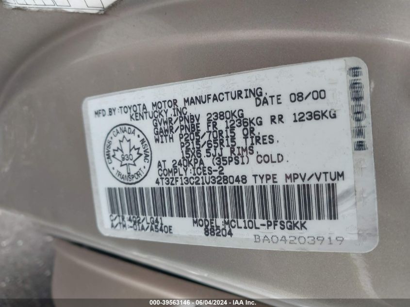 2001 Toyota Sienna Le/Xle VIN: 4T3ZF13C21U328048 Lot: 39563146