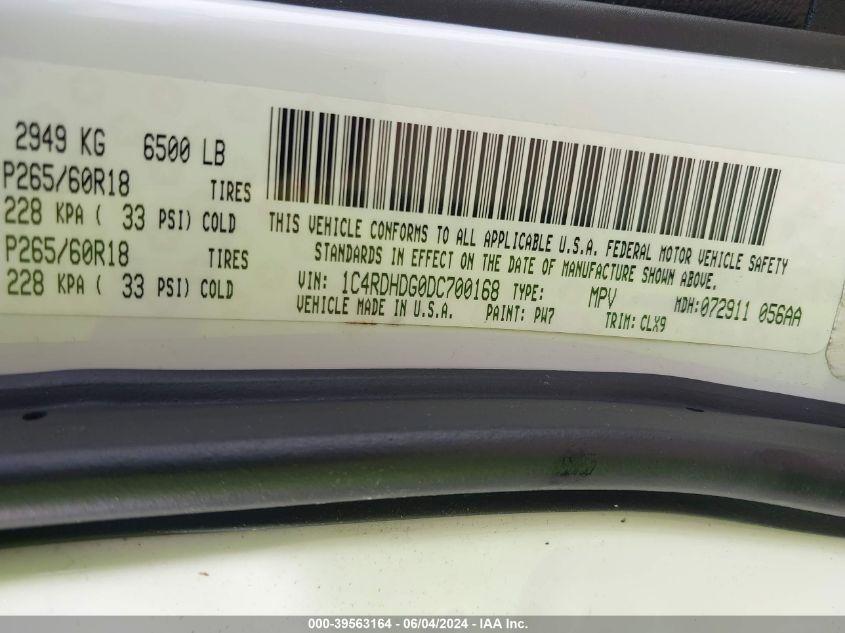 2013 Dodge Durango Crew VIN: 1C4RDHDG0DC700168 Lot: 39563164